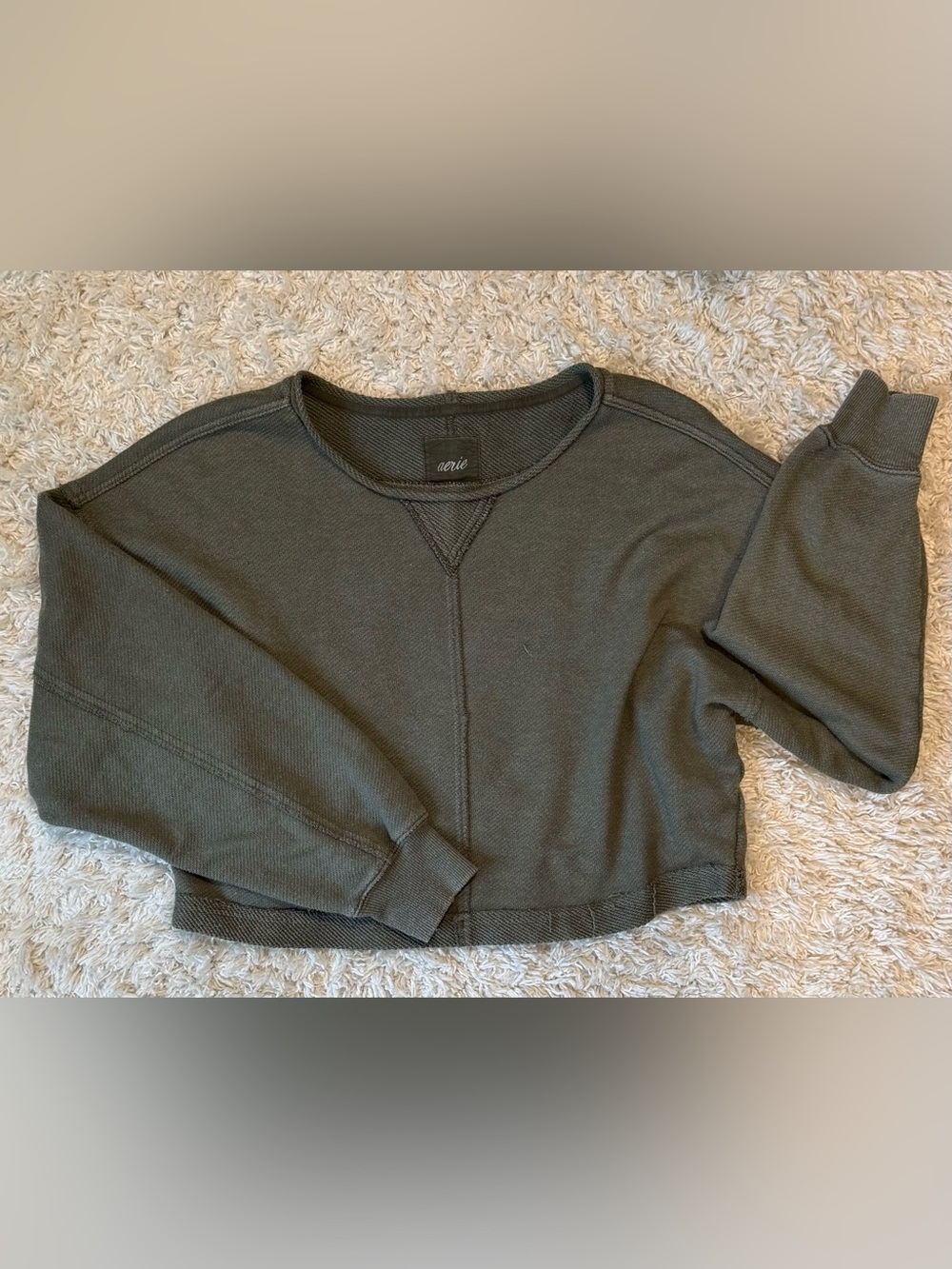 aerie Olive Green Cropped Waffle Crewneck Sweatshirt